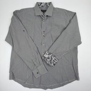 Bogosse Mens Button Down Shirt Black White Gingham Paisley Trim Cotton Size 7